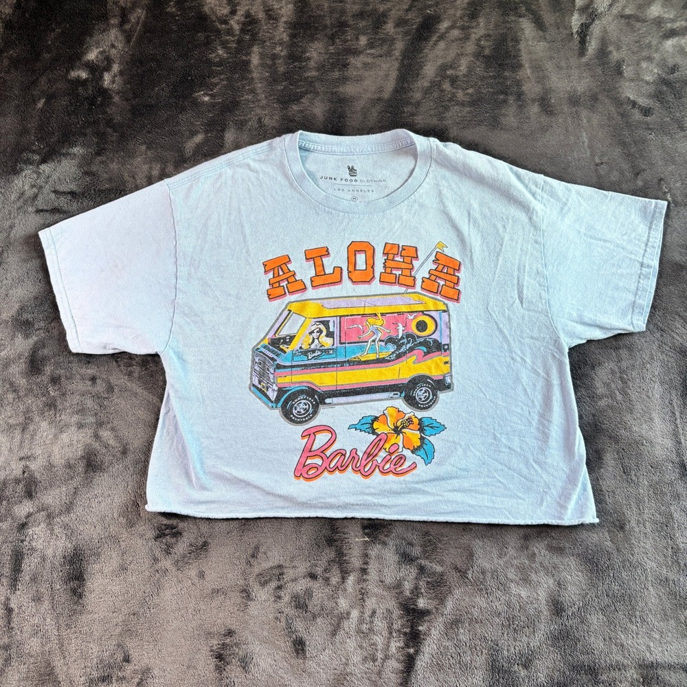 Junk Food Women T-Shirt M Blue Cotton Aloha Barbie Surf Van Graphic Crop Top - Picture 2 of 8